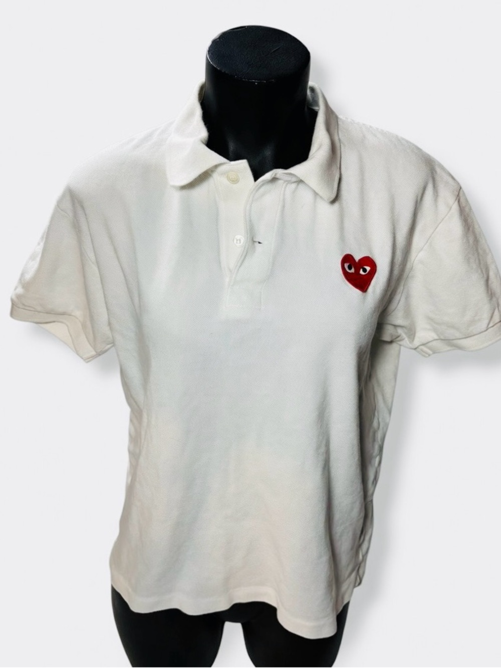 Comme des Garçons Play White Polo with Red Heart Patch -Unisex